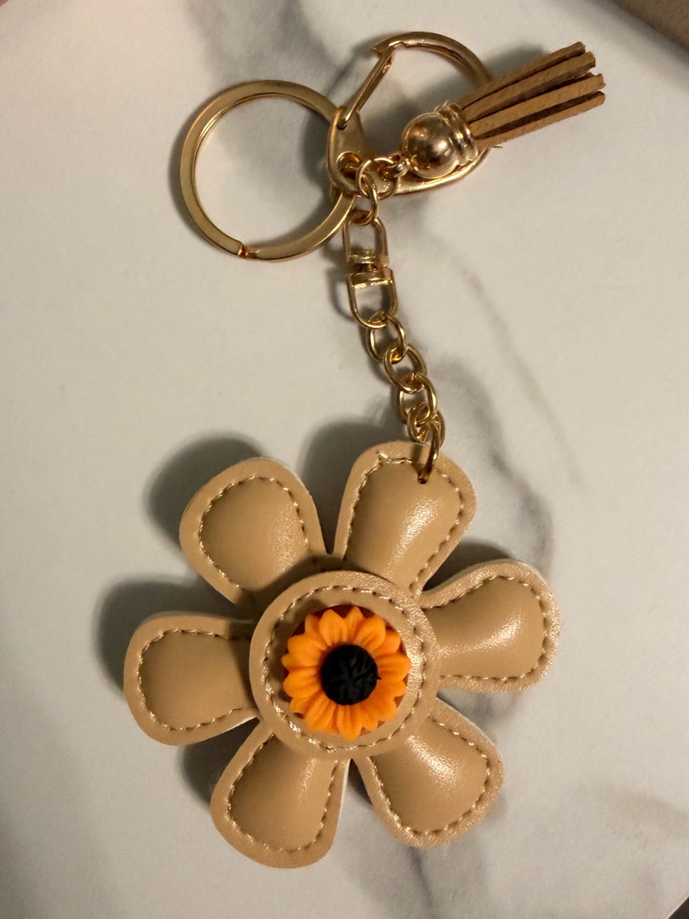 Beige Floral Bag Charm Keychain with Sunflower Accent